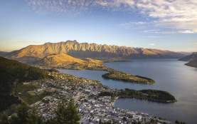 Wide view of Queenstown, Lake Whakatipu and the Remarkable Mountains from above
