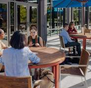 Three women sit together outside chatting at a table. A guide dog is sleeping at the feet of one of the women.