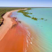 Aerial view of Roebuck Bay Broome showing the turquoise waters and pindan red stained sands, with a flock of birds resting on the beach