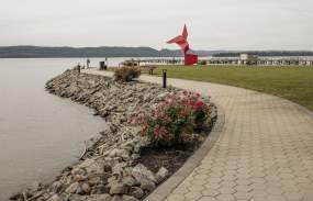 The Riverwalk winding along next to the Hudson River.