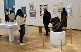 A woman takes a photo of a piece of artwork while other visitors stroll the exhibit.