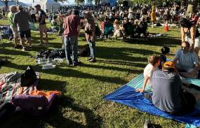 A crowd on picnic blankets and standing.