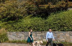 Two people walk outdoors with guide dogs.