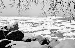 Winter view of the Hudson River, black and white. Photo Credit: Ferg.