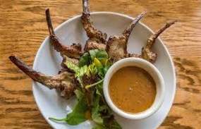 A dish of artfully arranged food.