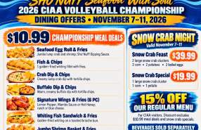 Sho'Nuff Seafood With Soul welcomes CIAA Volleyball Championship visitors with $10.99 meal deals, snow crab specials, and 15% off regular menu items, November 7–11, 2026.