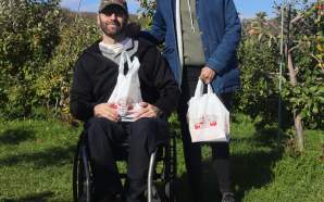 A couple in an apple orchard, one is in a wheelchair