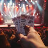 A hand holds up concert tickets in front of a stage while crowd watches a concert