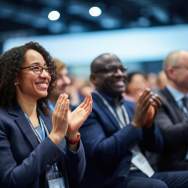 Three business people in blue suits clap after a presentation in a convention center