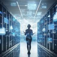 A person walking down a hallway with icons representing a digital ecosystem floating around them.