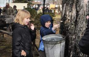 Two small kids smiling and tasting sap that's coming out of a tree
