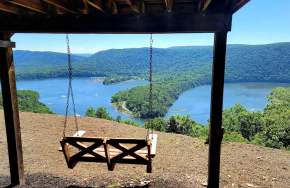 A swing overlooking a lake on a sunny day