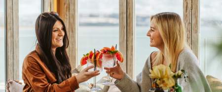 Two women toasting cocktail glasses