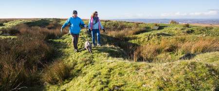 A man and woman walking a dog in the countryside.