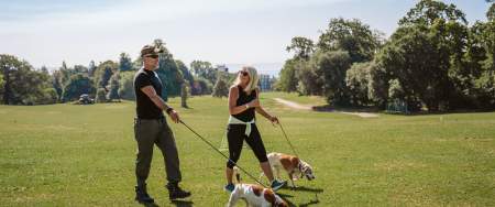 A man and a woman walking dogs in Singleton Park
