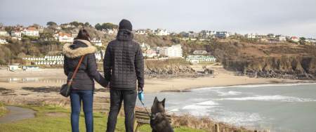 Couple walking their dog in the winter