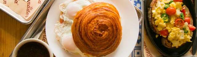Overhead view of croissant sandwich and coffee