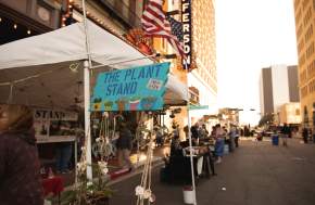 Vendors set up outside the Jefferson Theatre for a festival