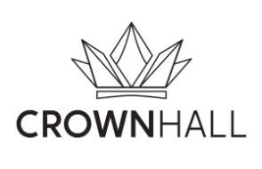 The logo for Crown Hall features a black line-art illustration of a stylized, geometric crown positioned above the brand name.

The crown is composed of sharp, angular facets and triangular shapes, giving it a modern, crystalline appearance. Below the icon, the word "CROWN" is written in a bold, sans-serif typeface, followed immediately by "HALL" in a lighter weight of the same font. The entire logo is set against a clean, white background.