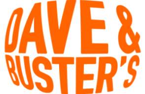 The logo for Dave & Buster's is rendered in a vibrant orange color on a white background.

The text is split into two lines: "DAVE &" on the top and "BUSTER'S" on the bottom. The entire logo is designed with a dramatic "fisheye" or spherical warp effect, making the letters appear to bulge toward the viewer in the center and curve away at the edges. The font is a bold, clean, sans-serif typeface with all capital letters.