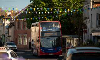 Double decker bus coming up Christchurch High Street