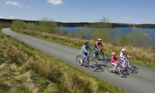 Family cycling on a path
