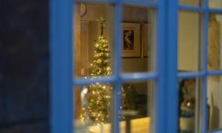 A Christmas tree glows with fairy lights through a cottage window