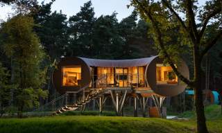 A u-shaped treehouse on stilts surrounded by trees