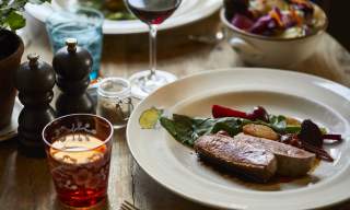 a meal on a plate, duck and betroot salad