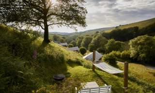 Sunlit hillside view with a hammock, colourful tents in a grassy landscape, shaded by a large tree. The scene evokes tranquillity and relaxation.
