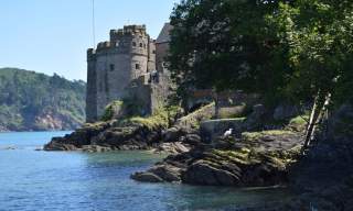 A stone castle sits by a rocky shoreline, surrounded by lush greenery. A seagull perches nearby, with calm blue water and distant hills visible.