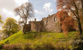 Ancient stone ruins stand on a grassy hilltop, surrounded by leafless and colourful autumnal trees. The scene is tranquil under a partly cloudy sky.