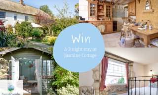 Cosy cottage promotion: lush garden, rustic kitchen, inviting bedroom, and charming porch. Text: "Win a 3-night stay at Jasmine Cottage."