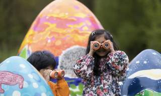 children in puddlesuits looking through binoculars, huge easter eggs in the background