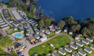 aerial view of a holiday park at the seaside