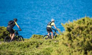 Two cyclists in helmets ride mountain bikes on a grassy trail beside a vivid blue sea, with green shrubs in the foreground, evoking an adventurous spirit.