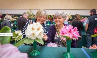 Two ladies admiring white and pink flowers