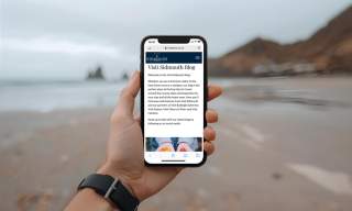 A man is holiding his phone while on the beach in Sidmouth. He is reading the Visit Sidmouth Blog