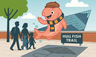 Mixed‑style illustration of Sammy the Salmon guiding a family along the Hull Fish Trail, with The Deep and a stingray pavement marker in the background, promoting Hull’s family‑friendly waterfront attraction.