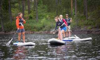 En gruppe mennesker har det gøy på SUP-brett i Rømskog.