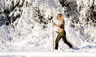 Dame på skitur i strålende solskinn i skogen