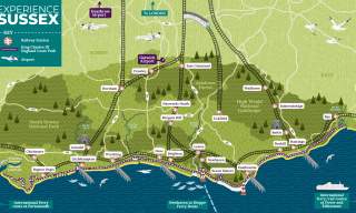 Experience Sussex Map - showing a birds-eye view of Sussex and the coastal region