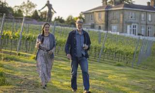 A couple walk through the vines, with Leonardslee House and a sculpture in the background