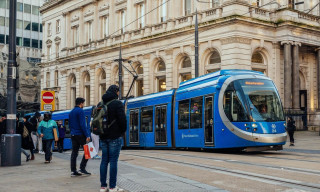 Blue Metro Tram outside Birmingham Grand Central