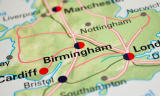 Map of the UK highlighting major cities including Birmingham