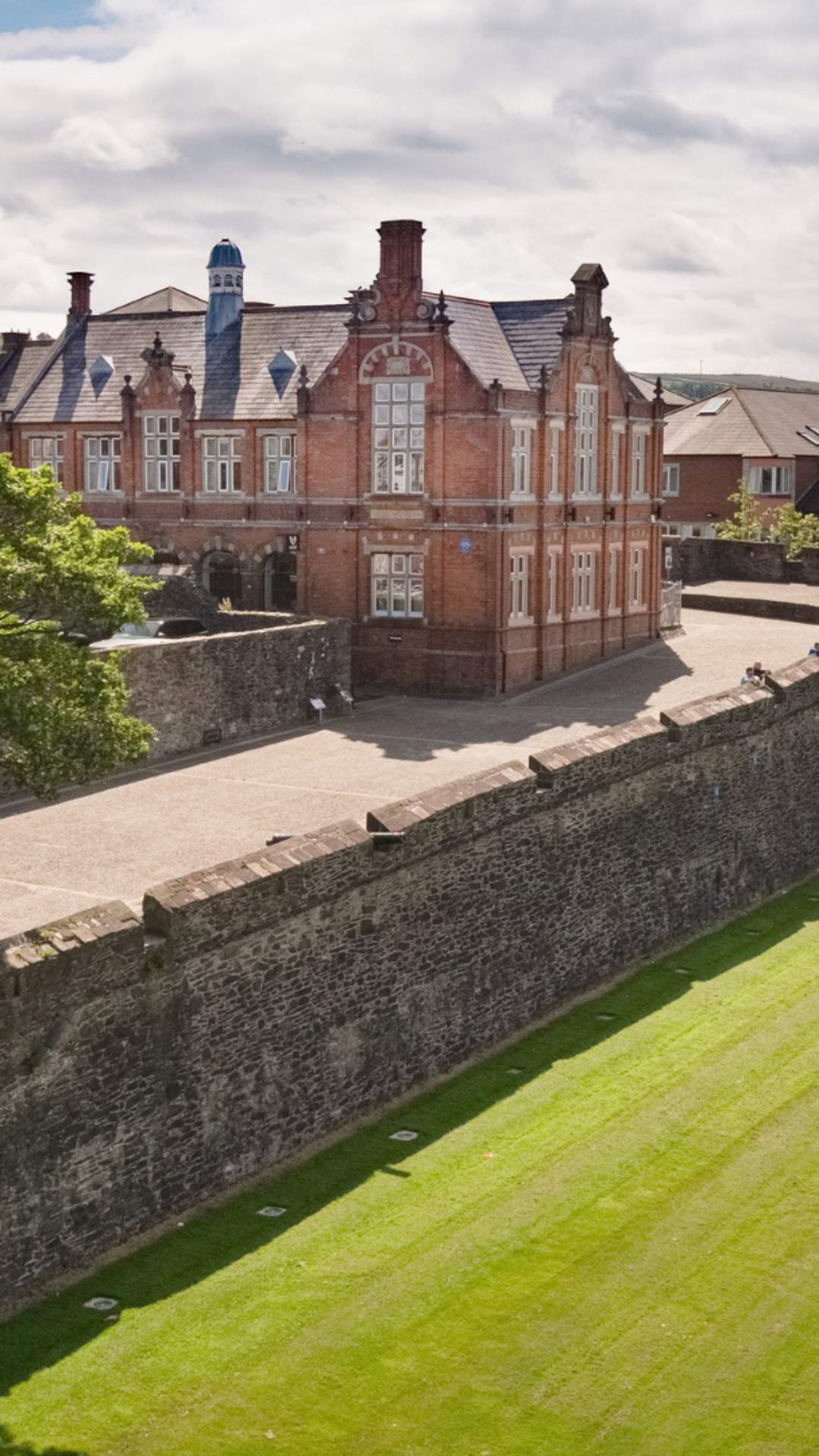 Aerial view of Derry Walls in the sunshine.