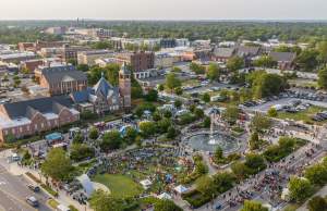 An aerial view of downtown Rock Hill including fountain park