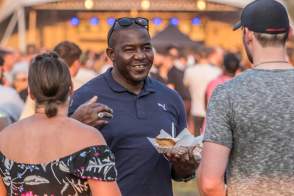 People talking and eating