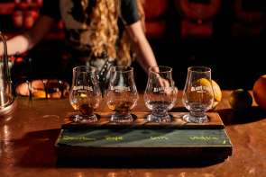 Bourbon tasting flight at Blaum Brothers Distilling Co. in Galena, IL.