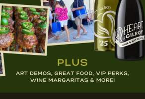 Layered photos of people at the event, and two wine bottles with event branding and logos with papal picado. Text: PLUS Art Demos, Great Food, VIP Perks, Wine Margaritas & More! Tickets Available. Early Pricing ends 3/31